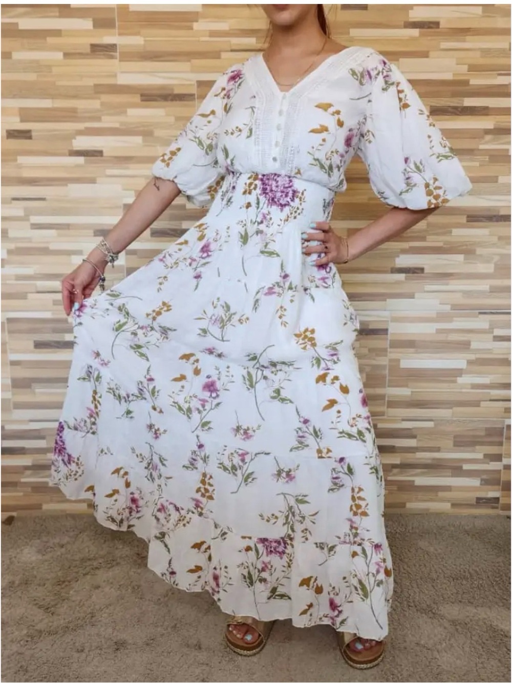 White Floral Maxi Dress with Puff Sleeves - Women's